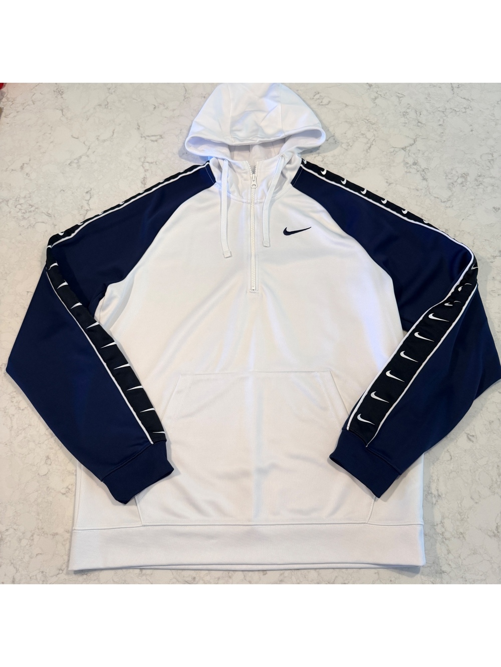 Nike Mens Repeat Tape Half-Zip Pullover Hoodie White Midnight Navy Blue Large